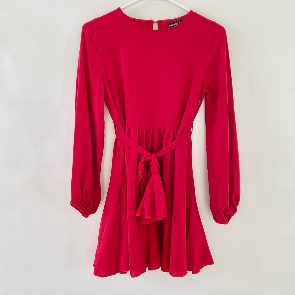 Petite Skater Mini Dress Blouson Long Sleeves Waist Tie Pleated Red 0 - Picture 2 of 16